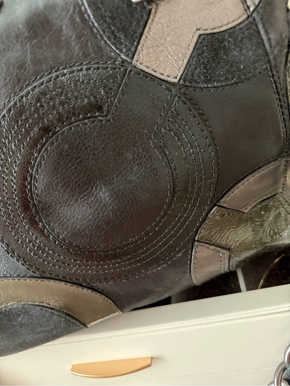 Coach Black Multi-Gray Circular Patchwork Leather Shoulder Bag
